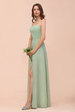 Affordable Strapless Front Slit Long Dusty Sage Bridesmaid Dress