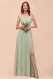 Affordable Strapless Front Slit Long Dusty Sage Bridesmaid Dress