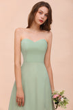 Affordable Strapless Front Slit Long Dusty Sage Bridesmaid Dress