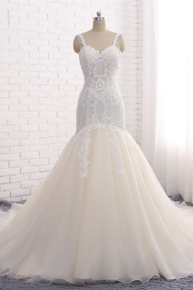 Affordable Strapless Mermaid Tulle Lace Wedding Dress Sweetheart Appliques Bridal Gowns On Sale