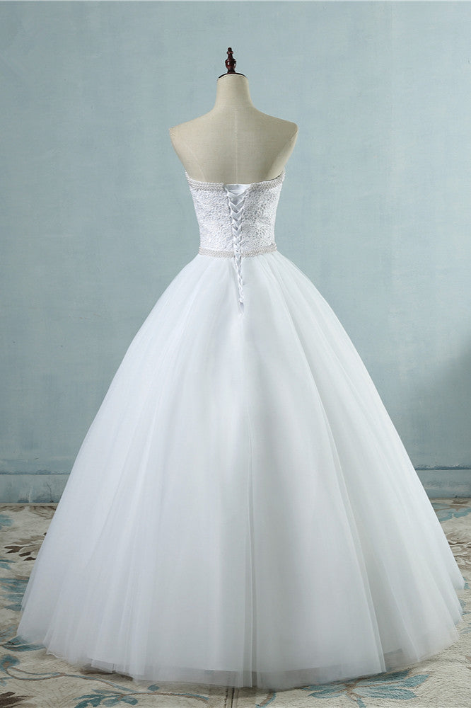 Affordable Strapless Tulle Lace Wedding Dresses Sweetheart Sleeveless Bridal Gowns with Pearls Online