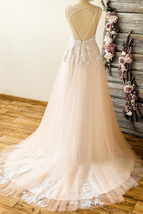 Affordable Straps V-neck Champagne Wedding Dresses A-line Applique Tuelle Bridal Gowns On Sale