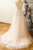 Affordable Straps V-neck Champagne Wedding Dresses A-line Applique Tuelle Bridal Gowns On Sale