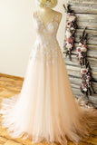 Affordable Straps V-neck Champagne Wedding Dresses A-line Applique Tuelle Bridal Gowns On Sale