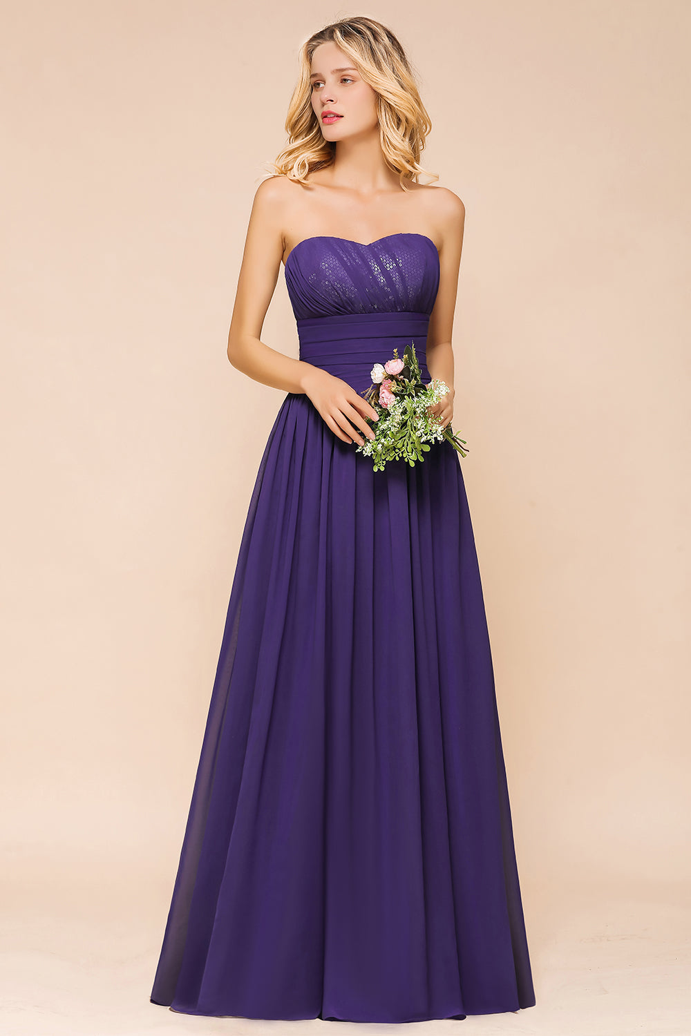 Affordable Sweetheart Sequins Regency Bridesmaid Dress with Pleats