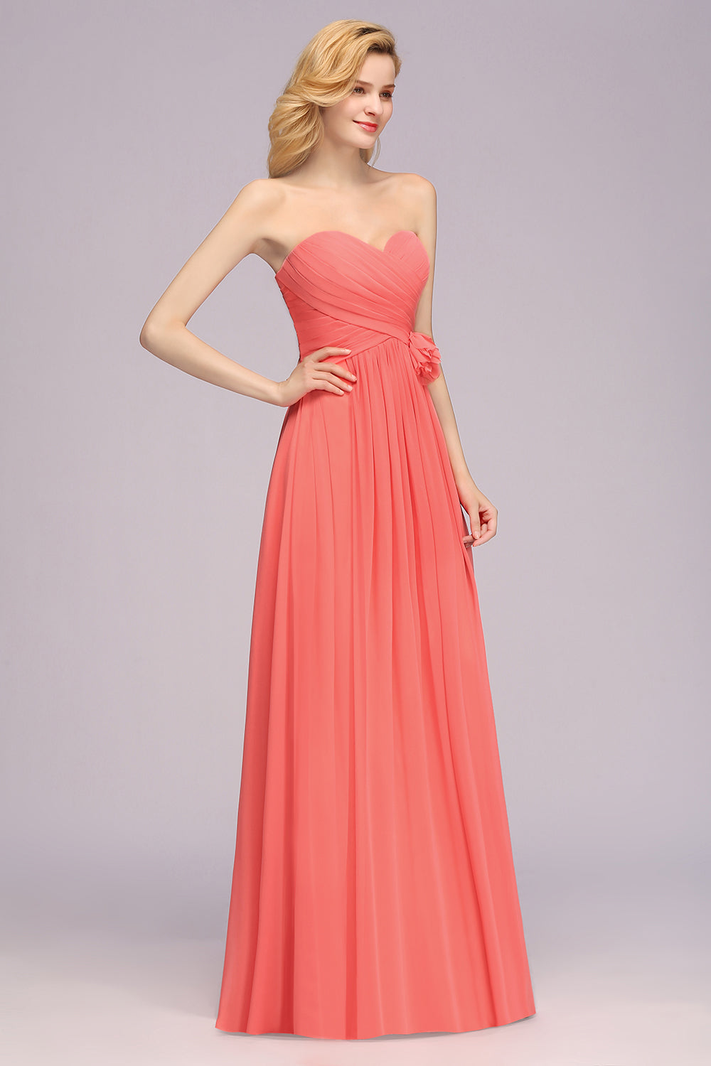 Affordable Sweetheart Strapless Chiffon Bridesmaid Dress with Flower