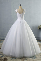Affordable Sweetheart Tulle Lace Wedding Dresses Cap-Sleeves Appliques Bridal Gowns Online