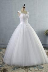 Affordable Sweetheart Tulle Lace Wedding Dresses Cap-Sleeves Appliques Bridal Gowns Online