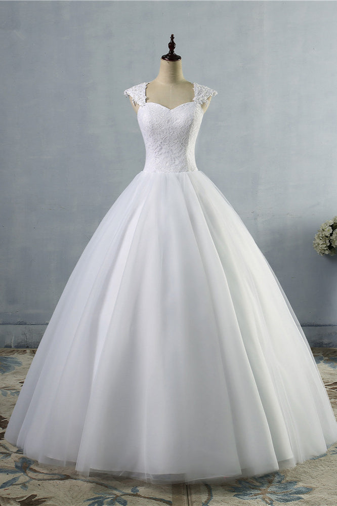 Affordable Sweetheart Tulle Lace Wedding Dresses Cap-Sleeves Appliques Bridal Gowns Online