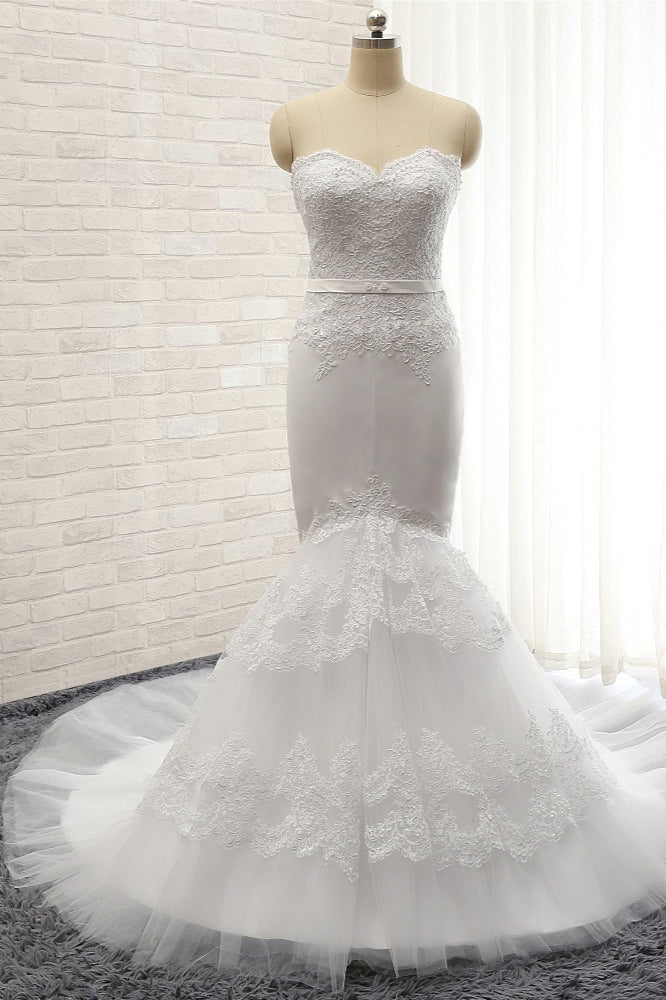 Affordable Sweetheart White Lace Wedding Dresses Tulle Satin Bridal Gowns With Appliques On Sale
