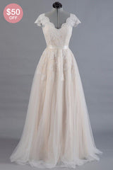 Affordable V-neck A-line Wedding Dresses Shorts leeves Tulle Lace Bridal Gowns On Sale