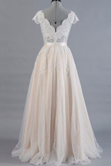Affordable V-neck A-line Wedding Dresses Shorts leeves Tulle Lace Bridal Gowns On Sale