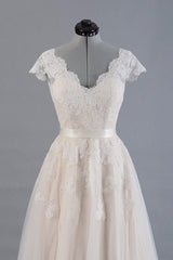 Affordable V-neck A-line Wedding Dresses Shorts leeves Tulle Lace Bridal Gowns On Sale