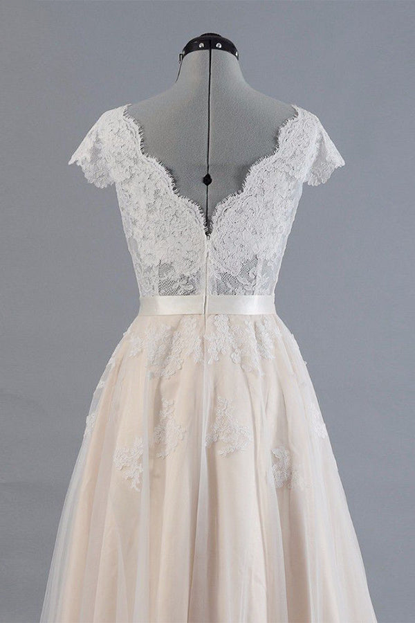 Affordable V-neck A-line Wedding Dresses Shorts leeves Tulle Lace Bridal Gowns On Sale