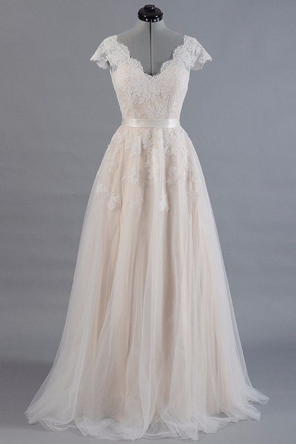 Affordable V-neck A-line Wedding Dresses Shorts leeves Tulle Lace Bridal Gowns On Sale