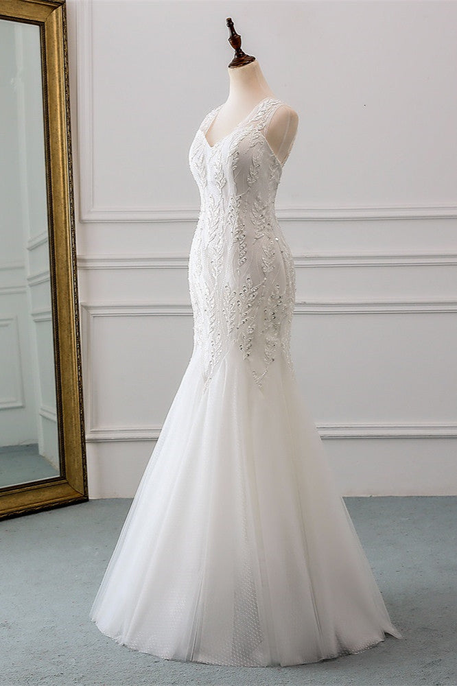 Affordable V-Neck Appliques Mermaid Wedding Dresses with Beadings Online