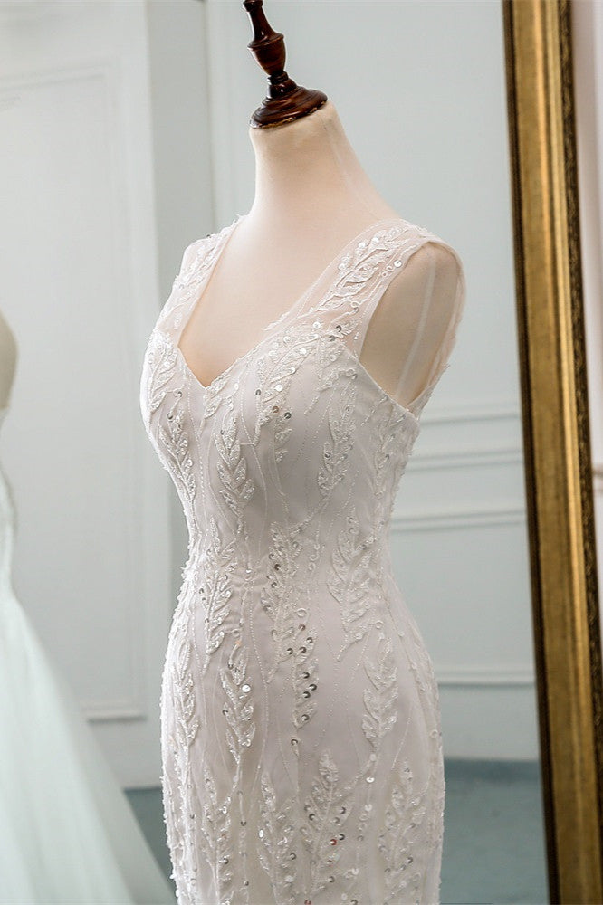 Affordable V-Neck Appliques Mermaid Wedding Dresses with Beadings Online