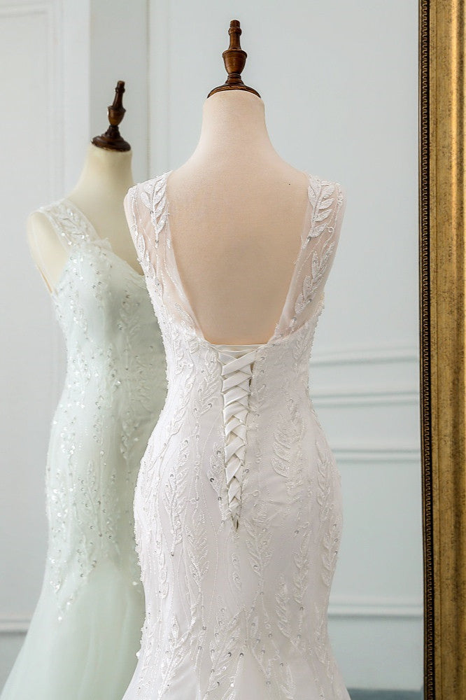 Affordable V-Neck Appliques Mermaid Wedding Dresses with Beadings Online