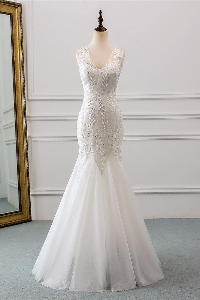 Affordable V-Neck Appliques Mermaid Wedding Dresses with Beadings Online