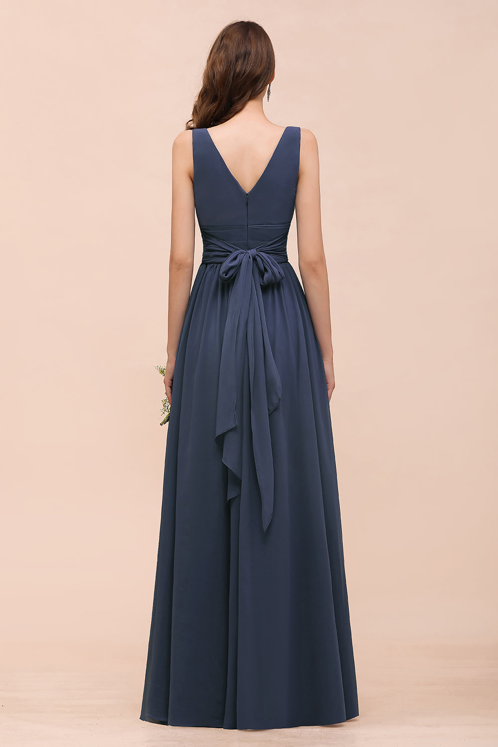 Affordable V-Neck Chiffon Long Stormy Bridesmaid Dress With Slit