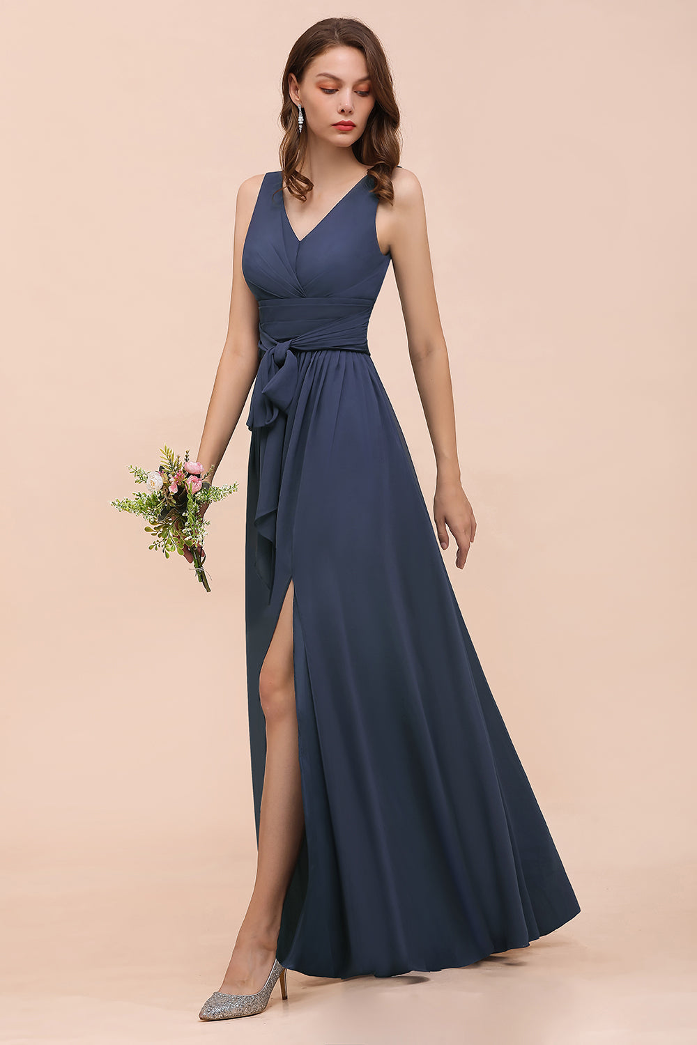 Affordable V-Neck Chiffon Long Stormy Bridesmaid Dress With Slit