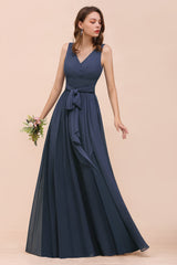 Affordable V-Neck Chiffon Long Stormy Bridesmaid Dress With Slit