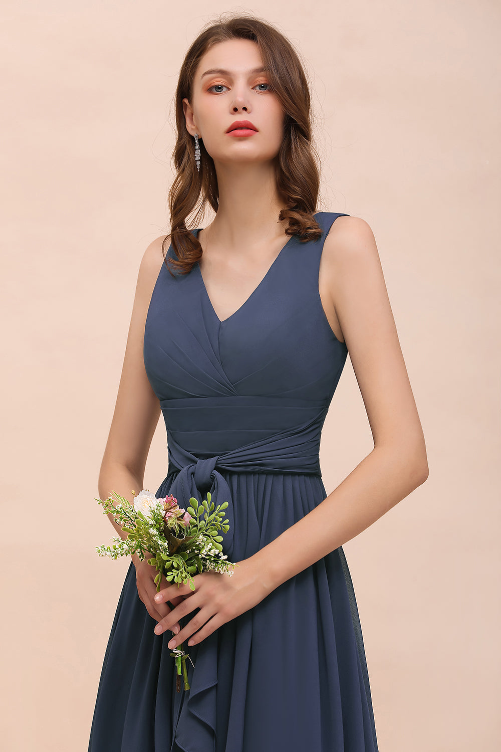 Affordable V-Neck Chiffon Long Stormy Bridesmaid Dress With Slit