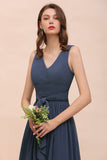 Affordable V-Neck Chiffon Long Stormy Bridesmaid Dress With Slit