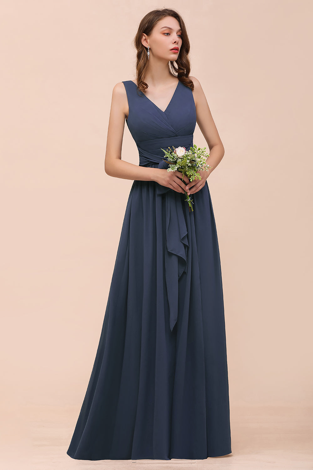 Affordable V-Neck Chiffon Long Stormy Bridesmaid Dress With Slit