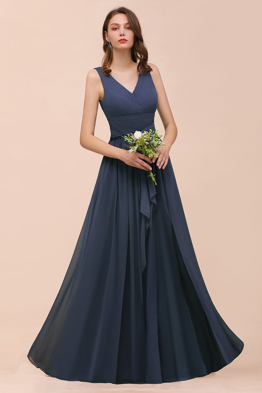 Affordable V-Neck Chiffon Long Stormy Bridesmaid Dress With Slit
