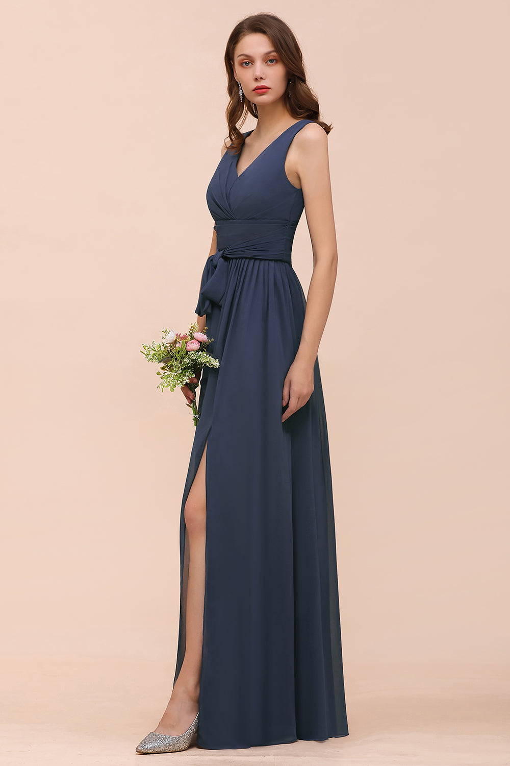 Affordable V-Neck Chiffon Long Stormy Bridesmaid Dress With Slit