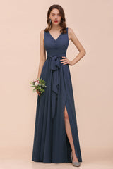 Affordable V-Neck Chiffon Long Stormy Bridesmaid Dress With Slit