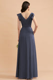 Affordable V-Neck Chiffon Ruffles Bridesmaid Dress with Pockets On Sale
