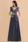 Affordable V-Neck Chiffon Ruffles Bridesmaid Dress with Pockets On Sale