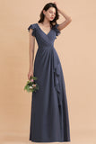 Affordable V-Neck Chiffon Ruffles Bridesmaid Dress with Pockets On Sale