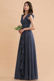 Affordable V-Neck Chiffon Ruffles Bridesmaid Dress with Pockets On Sale