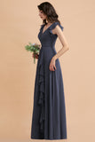 Affordable V-Neck Chiffon Ruffles Bridesmaid Dress with Pockets On Sale