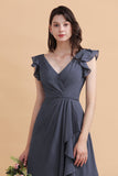 Affordable V-Neck Chiffon Ruffles Bridesmaid Dress with Pockets On Sale
