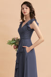 Affordable V-Neck Chiffon Ruffles Bridesmaid Dress with Pockets On Sale