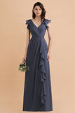 Affordable V-Neck Chiffon Ruffles Bridesmaid Dress with Pockets On Sale