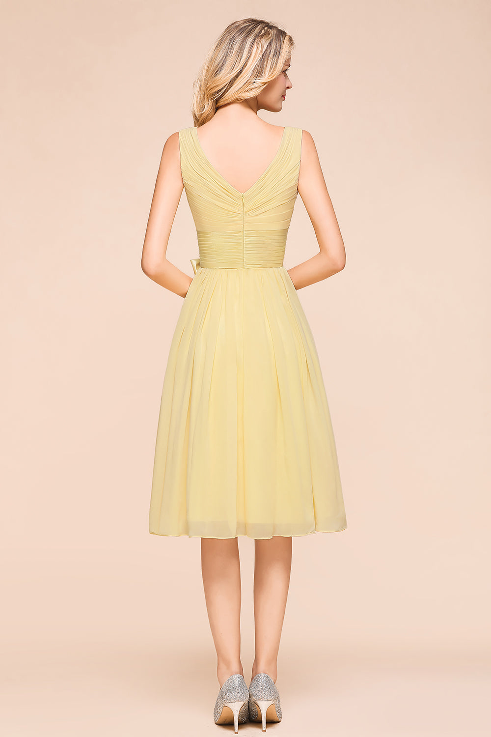 Affordable V-Neck Daffodil Chiffon Short Bridesmaid Dress with Ruffle