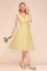 Affordable V-Neck Daffodil Chiffon Short Bridesmaid Dress with Ruffle