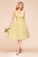 Affordable V-Neck Daffodil Chiffon Short Bridesmaid Dress with Ruffle