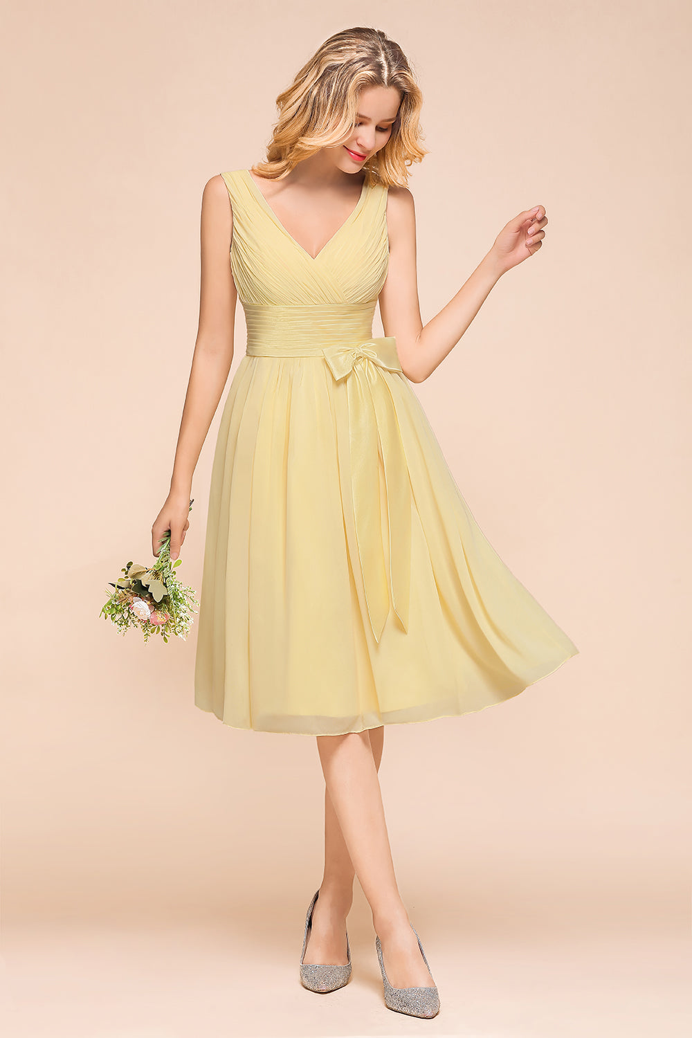 Affordable V-Neck Daffodil Chiffon Short Bridesmaid Dress with Ruffle