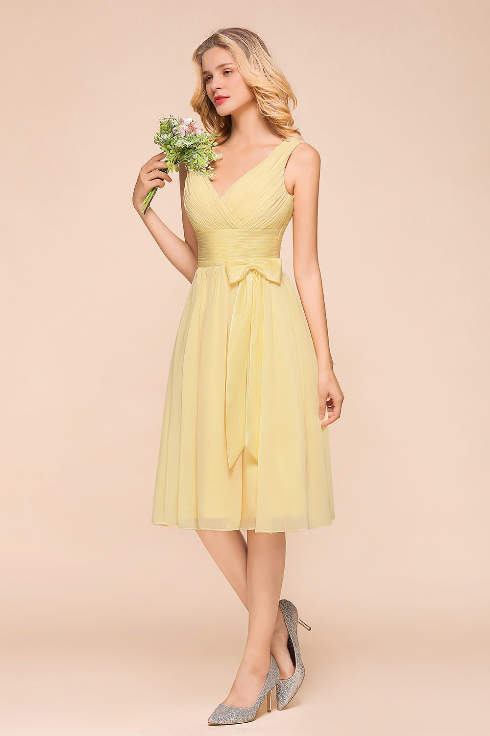 Affordable V-Neck Daffodil Chiffon Short Bridesmaid Dress with Ruffle