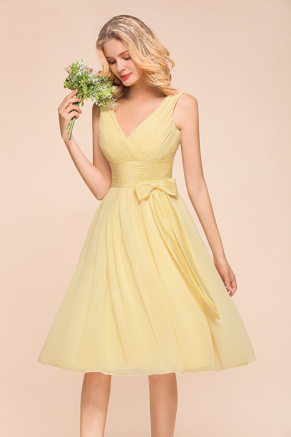Affordable V-Neck Daffodil Chiffon Short Bridesmaid Dress with Ruffle