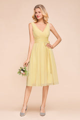 Affordable V-Neck Daffodil Chiffon Short Bridesmaid Dress with Ruffle