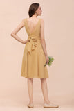 Affordable V-Neck Ruffle Gold Short Bridesmaid Dresses with Bow