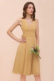 Affordable V-Neck Ruffle Gold Short Bridesmaid Dresses with Bow