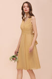 Affordable V-Neck Ruffle Gold Short Bridesmaid Dresses with Bow